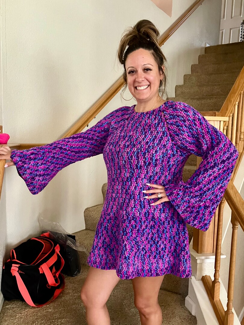Crocheted Mini-Dress Tunic One-Of-A-Kind. Hand-Crochet Size Medium Multi-Colored Blue, Purple, Lavender Dark Pink. Inspired by Taylor Swift | MakerPlace by Michaels Crocheted Mini-Dress Tunic One-Of-A-Kind. Hand-Crochet Size Medium Multi-Colored Blue, Purple, Lavender Dark Pink. Inspired by Taylor Swift | MakerPlace by Michaels